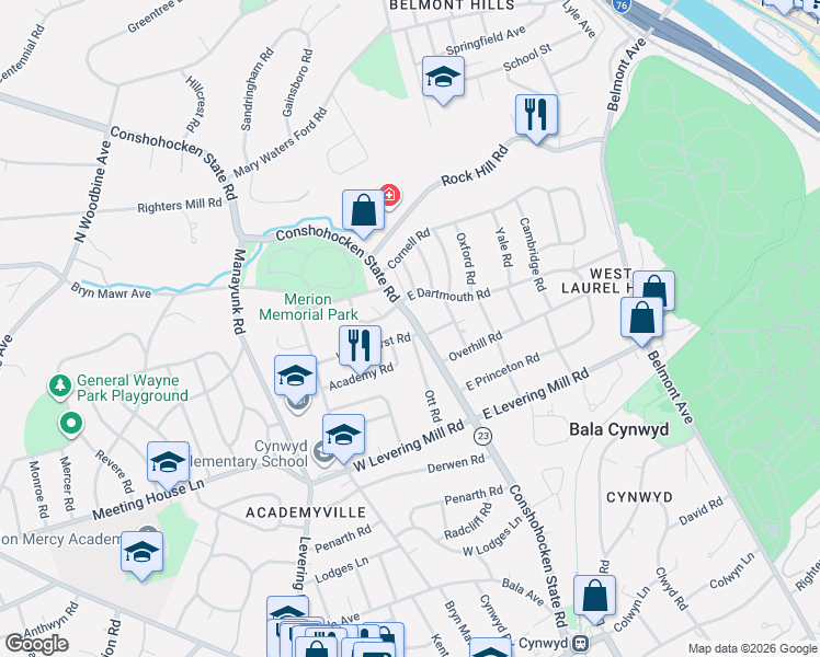 map of restaurants, bars, coffee shops, grocery stores, and more near 534 Ott Road in Bala Cynwyd