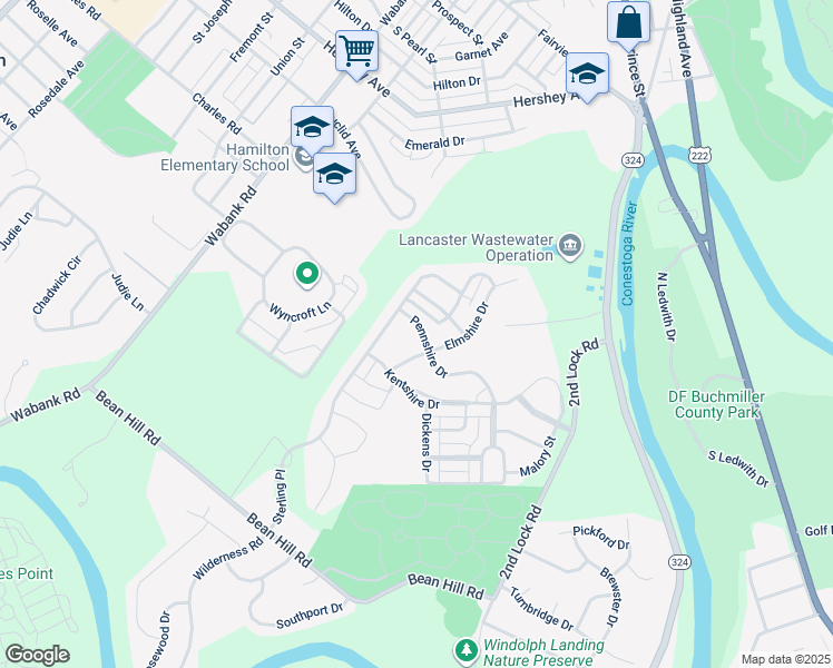 map of restaurants, bars, coffee shops, grocery stores, and more near 122 Pennshire Drive in Lancaster