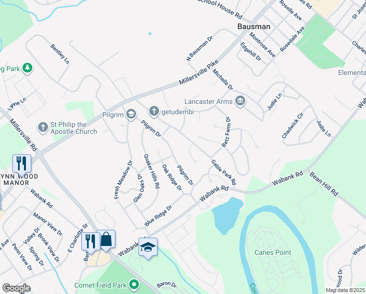map of restaurants, bars, coffee shops, grocery stores, and more near 1809 Spring Ridge Lane in Lancaster