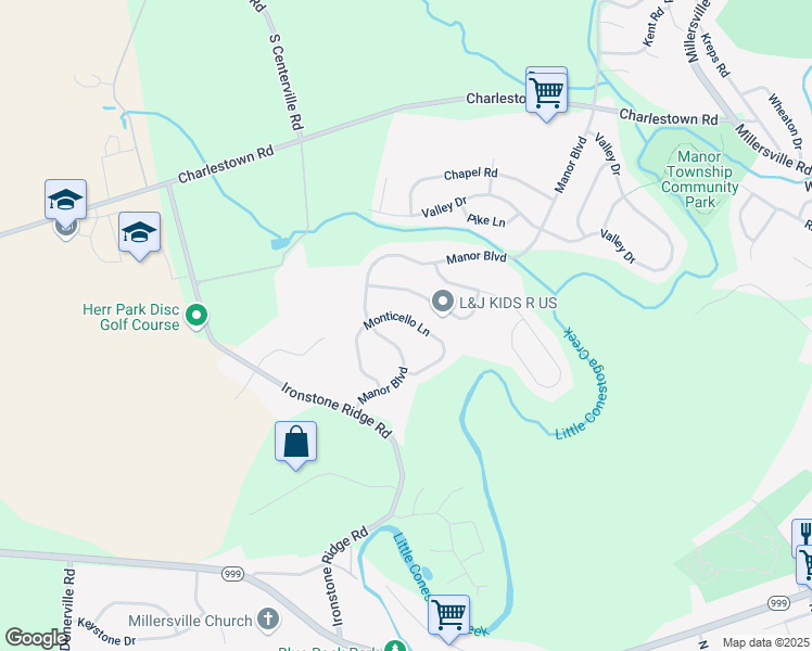 map of restaurants, bars, coffee shops, grocery stores, and more near 1047 Monticello Lane in Lancaster