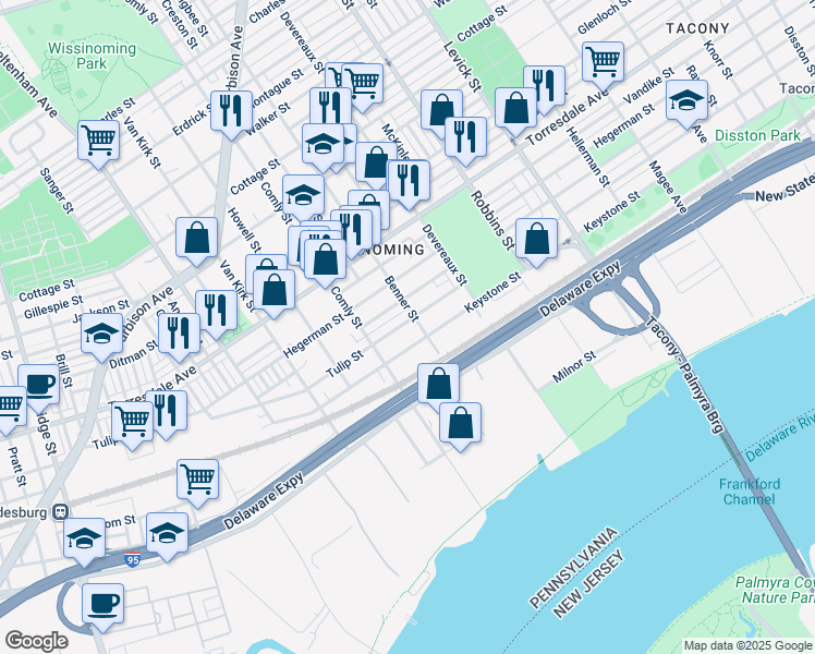 map of restaurants, bars, coffee shops, grocery stores, and more near 6031 Tulip Street in Philadelphia