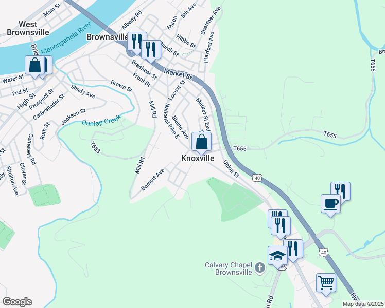 map of restaurants, bars, coffee shops, grocery stores, and more near 0 Park Street in Brownsville