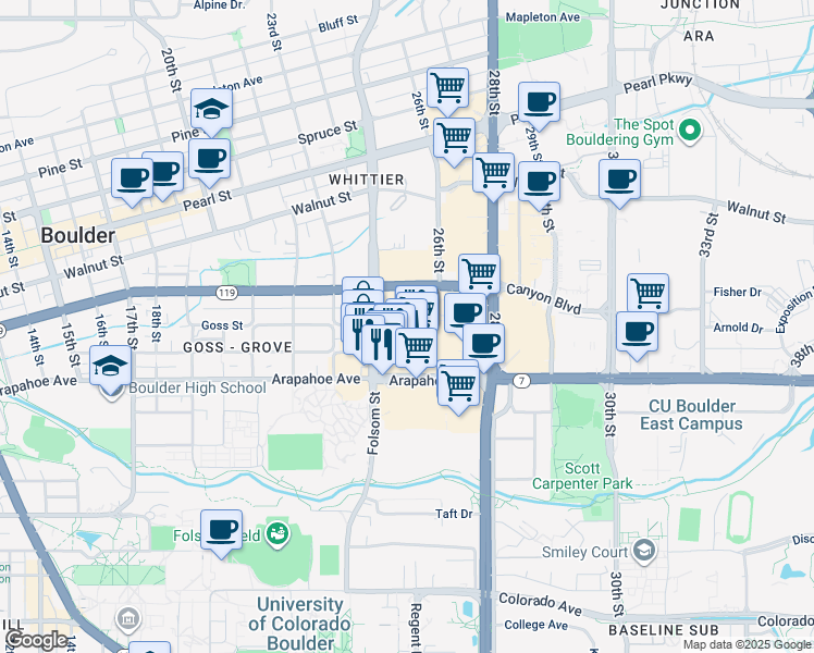 map of restaurants, bars, coffee shops, grocery stores, and more near 1715 Folsom St in Boulder