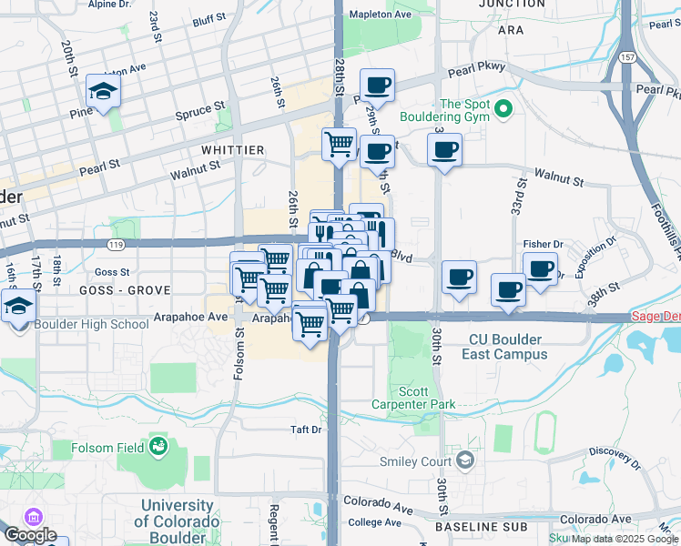 map of restaurants, bars, coffee shops, grocery stores, and more near in Boulder