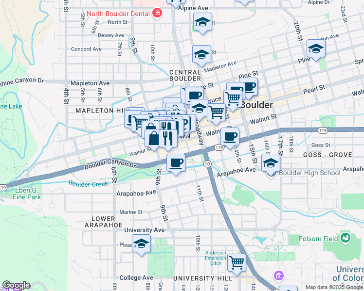 map of restaurants, bars, coffee shops, grocery stores, and more near 1055 Canyon Boulevard in Boulder