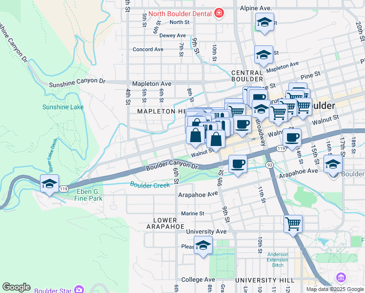 map of restaurants, bars, coffee shops, grocery stores, and more near 645 Walnut Street in Boulder
