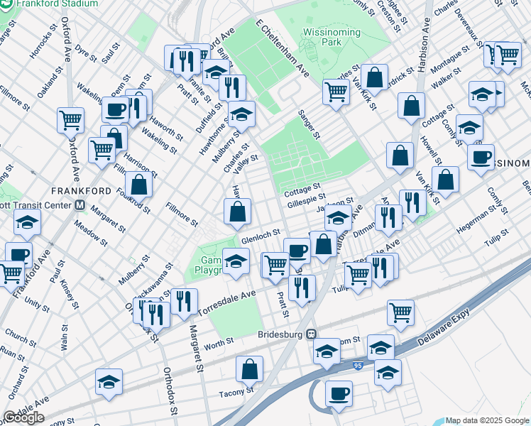 map of restaurants, bars, coffee shops, grocery stores, and more near 5126 Glenloch Street in Philadelphia