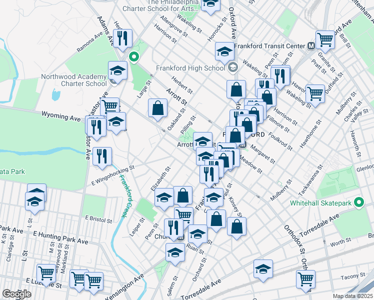 map of restaurants, bars, coffee shops, grocery stores, and more near 4511 Leiper Street in Philadelphia