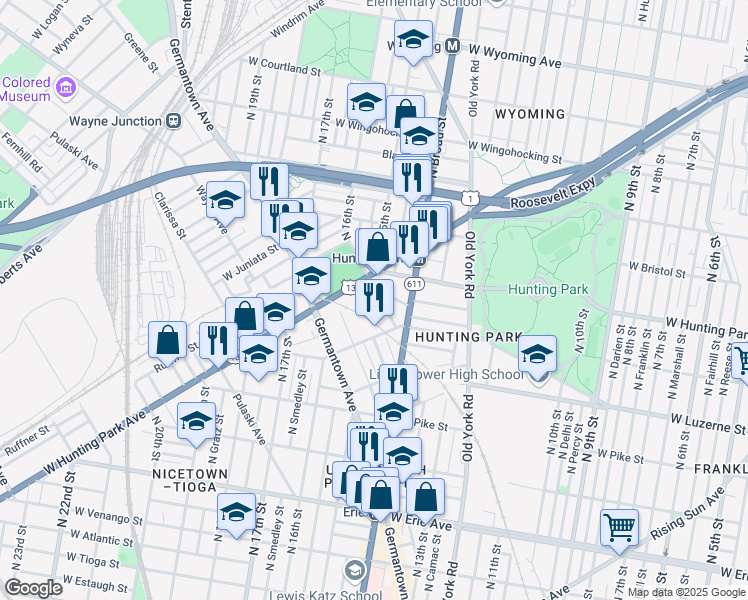 map of restaurants, bars, coffee shops, grocery stores, and more near 1427-37 West Lycoming Street in Philadelphia