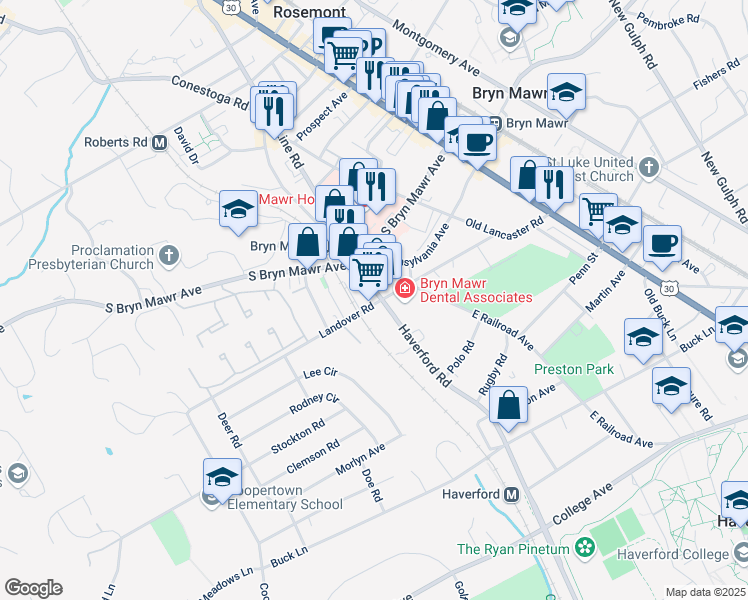 map of restaurants, bars, coffee shops, grocery stores, and more near 950 Haverford Road in Bryn Mawr