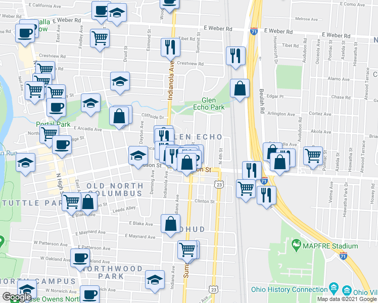 map of restaurants, bars, coffee shops, grocery stores, and more near 2546 Glen Echo Drive in Columbus