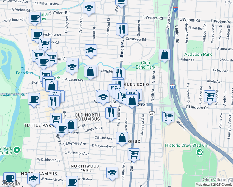 map of restaurants, bars, coffee shops, grocery stores, and more near in Columbus