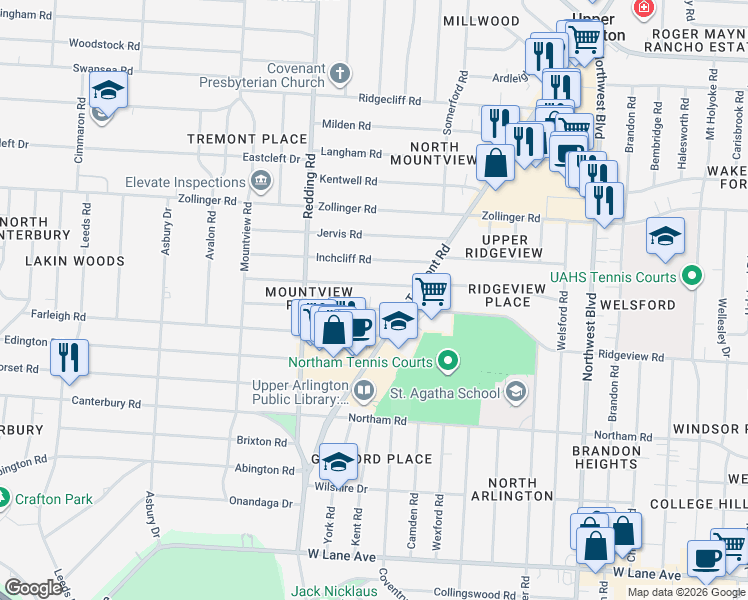 map of restaurants, bars, coffee shops, grocery stores, and more near 2061 Ridgeview Road in Columbus