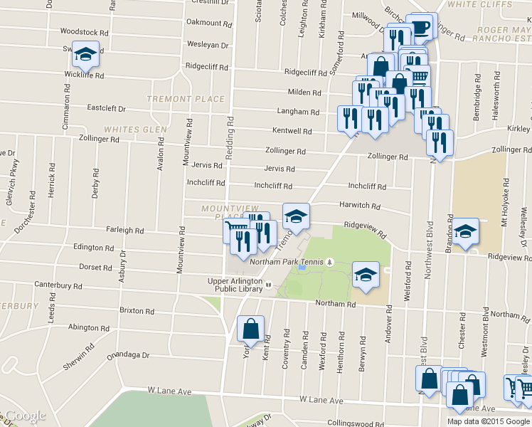 map of restaurants, bars, coffee shops, grocery stores, and more near 2061 Ridgeview Road in Columbus