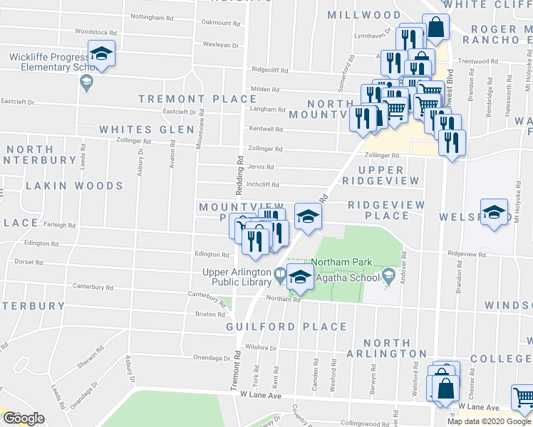 map of restaurants, bars, coffee shops, grocery stores, and more near 2118 Farleigh Road in Upper Arlington