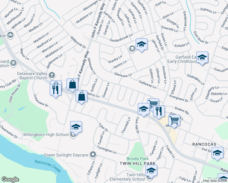 map of restaurants, bars, coffee shops, grocery stores, and more near 26 Gallant Lane in Willingboro