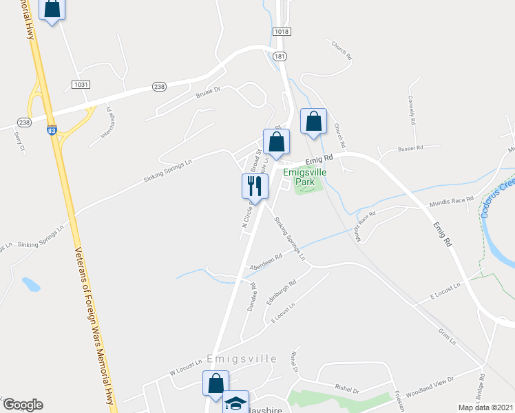 map of restaurants, bars, coffee shops, grocery stores, and more near 3188 George Street in York