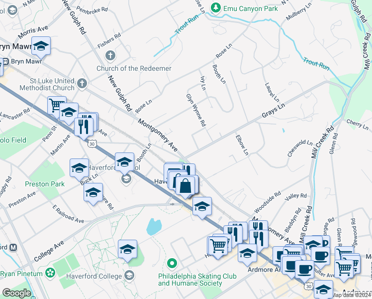 map of restaurants, bars, coffee shops, grocery stores, and more near 100 Grays Lane in Haverford