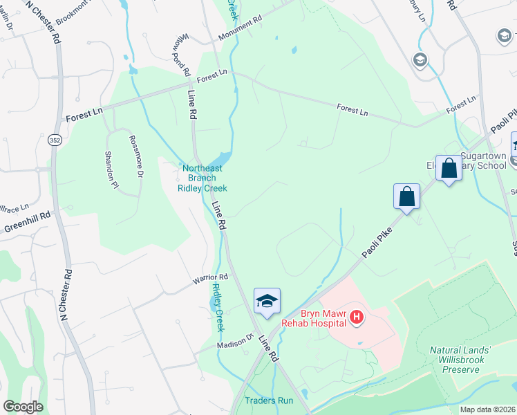 map of restaurants, bars, coffee shops, grocery stores, and more near 6 Indian Way in Malvern