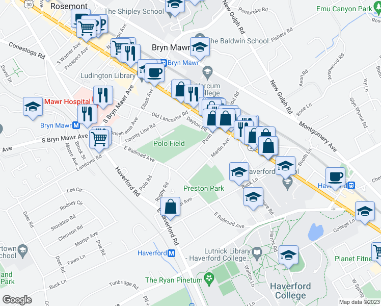 map of restaurants, bars, coffee shops, grocery stores, and more near 842 Penn Street in Bryn Mawr