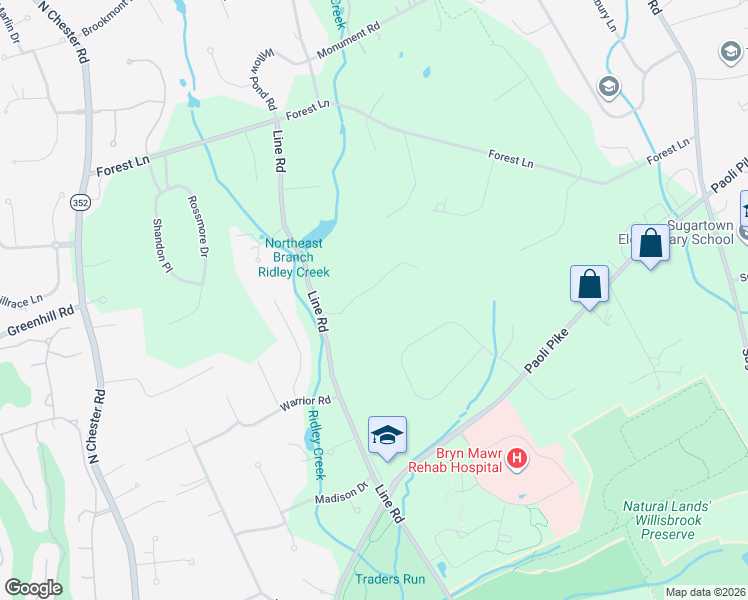 map of restaurants, bars, coffee shops, grocery stores, and more near 6 Indian Way in Malvern