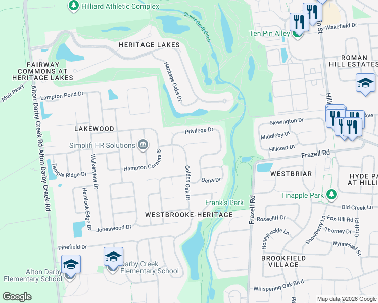 map of restaurants, bars, coffee shops, grocery stores, and more near 3161 Golden Oak Drive in Hilliard