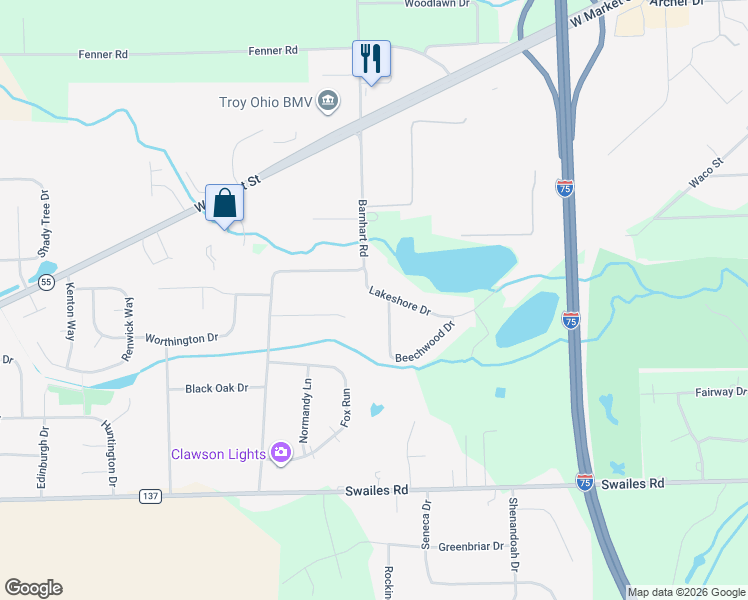map of restaurants, bars, coffee shops, grocery stores, and more near 1620 Beechwood Drive in Troy