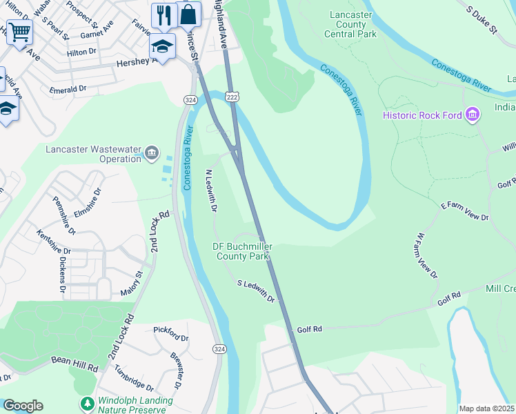 map of restaurants, bars, coffee shops, grocery stores, and more near 1209 Willow Street Pike in Lancaster