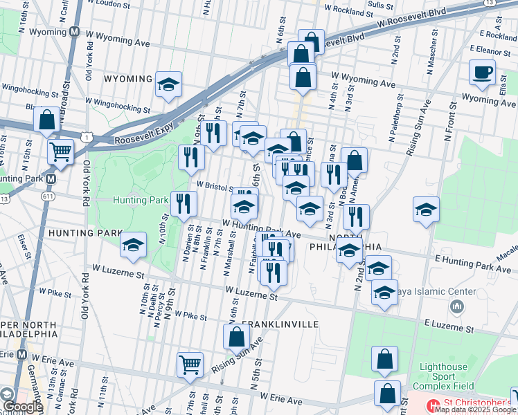 map of restaurants, bars, coffee shops, grocery stores, and more near 4242 North Fairhill Street in Philadelphia