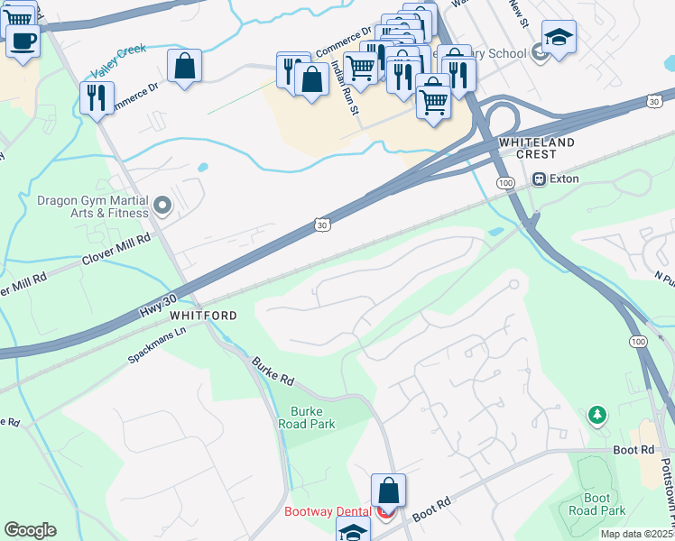 map of restaurants, bars, coffee shops, grocery stores, and more near 233 Birchwood Drive in West Chester