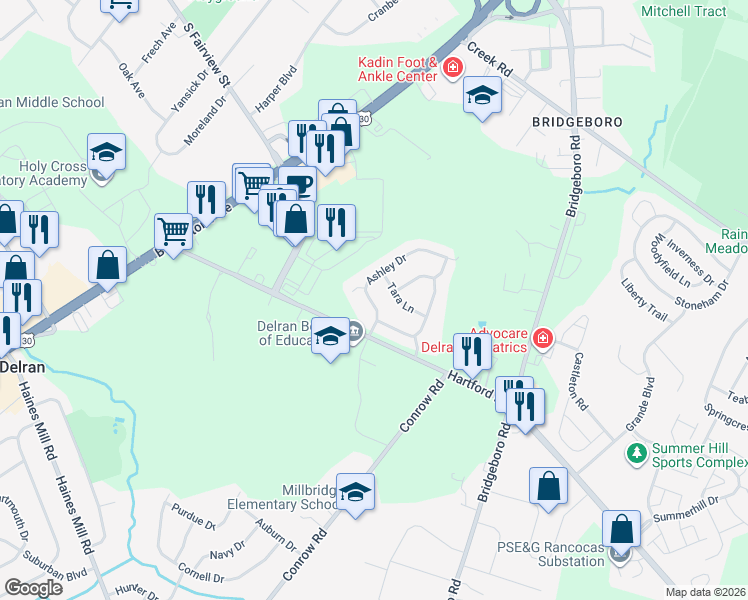 map of restaurants, bars, coffee shops, grocery stores, and more near 2 Ashley Drive in Delran
