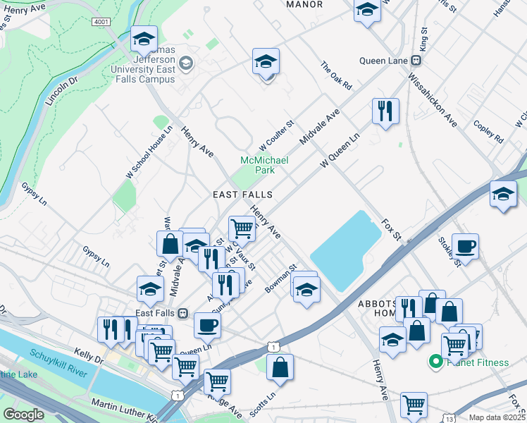 map of restaurants, bars, coffee shops, grocery stores, and more near 3241 West Queen Lane in Philadelphia