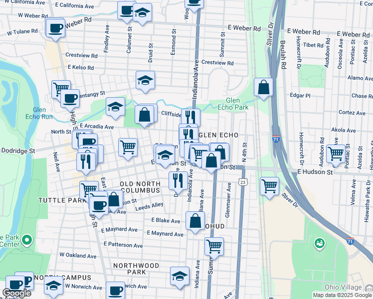 map of restaurants, bars, coffee shops, grocery stores, and more near in Columbus