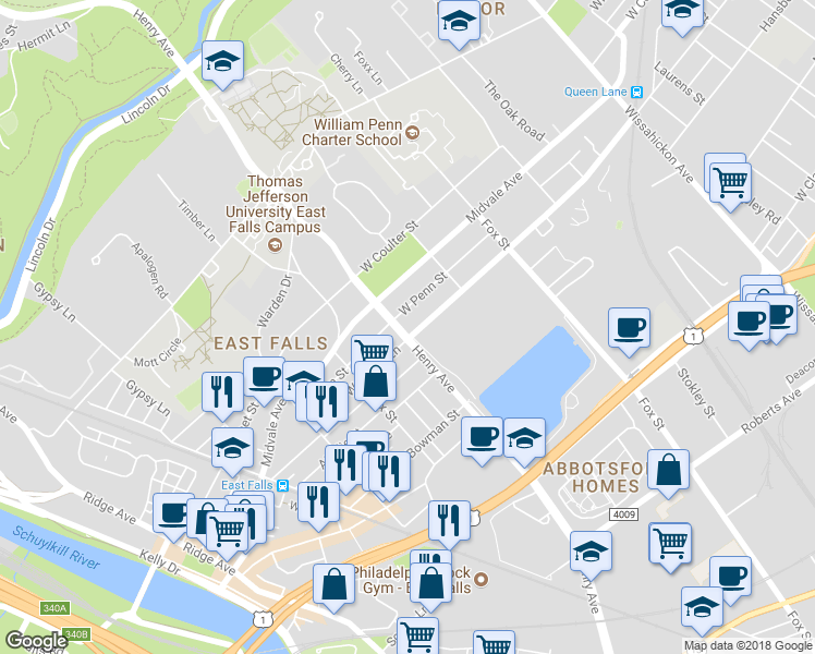map of restaurants, bars, coffee shops, grocery stores, and more near 3241 West Queen Lane in Philadelphia