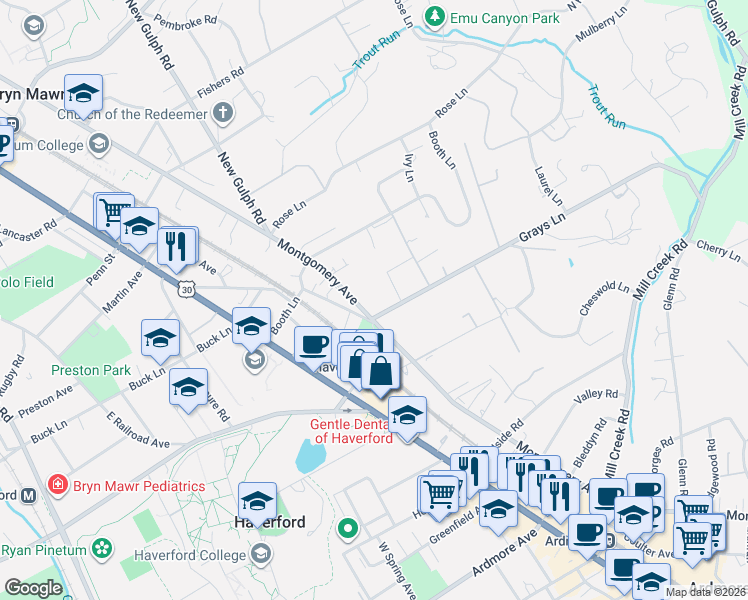 map of restaurants, bars, coffee shops, grocery stores, and more near 350 Montgomery Avenue in Haverford
