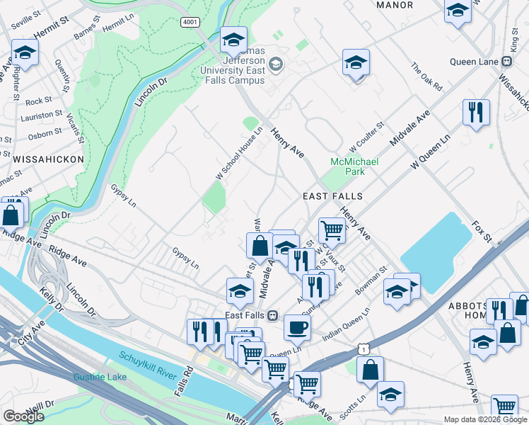 map of restaurants, bars, coffee shops, grocery stores, and more near 3425 West Coulter Street in Philadelphia
