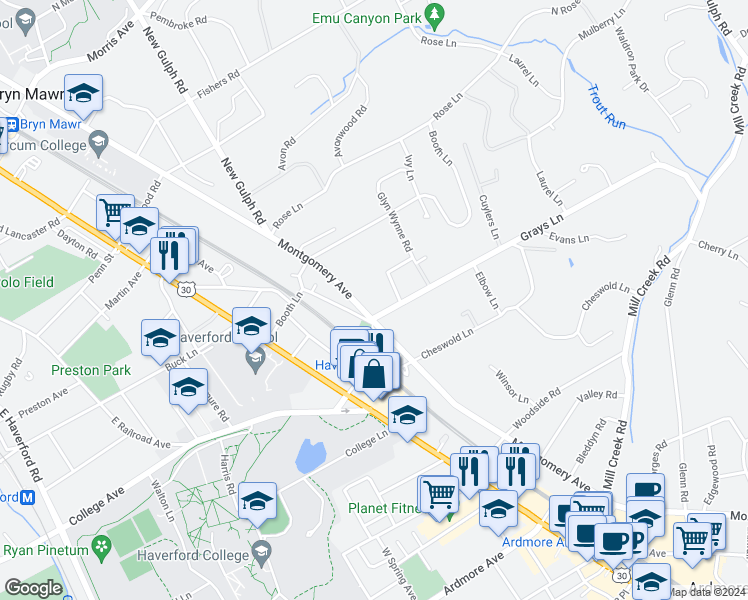 map of restaurants, bars, coffee shops, grocery stores, and more near 100 Grays Lane in Haverford