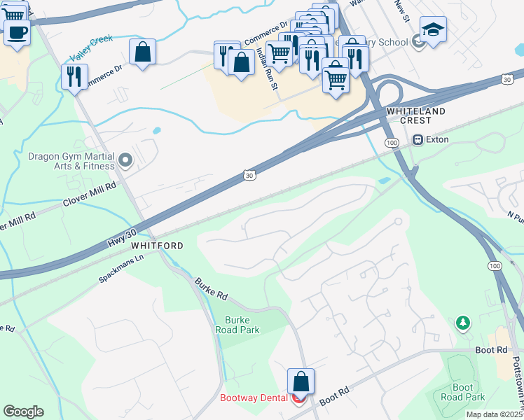 map of restaurants, bars, coffee shops, grocery stores, and more near 233 Birchwood Drive in West Chester