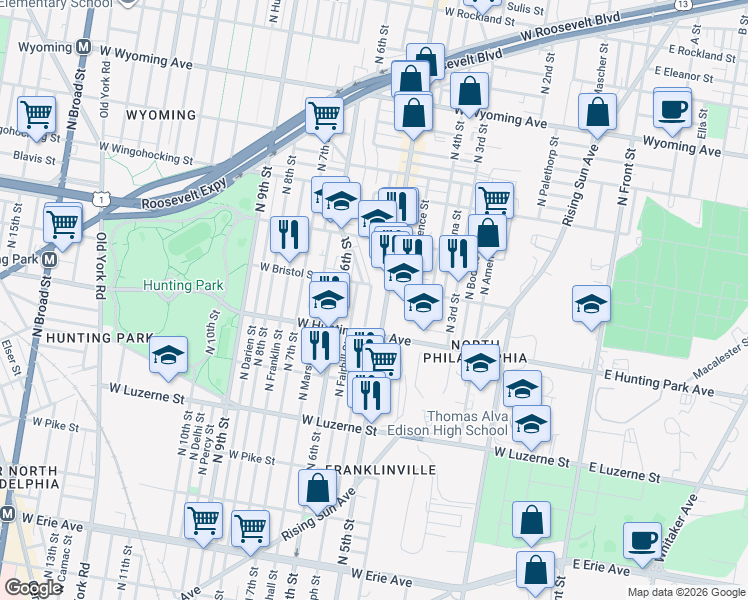 map of restaurants, bars, coffee shops, grocery stores, and more near 4201-21 North 5th Street in Philadelphia