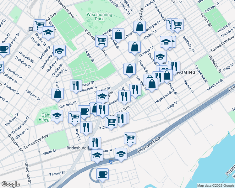 map of restaurants, bars, coffee shops, grocery stores, and more near 2025 Sanger Street in Philadelphia