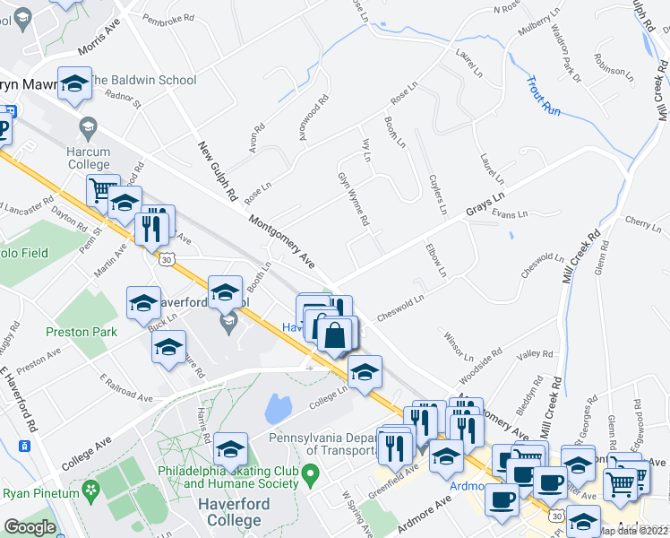 map of restaurants, bars, coffee shops, grocery stores, and more near 100 Grays Lane in Haverford