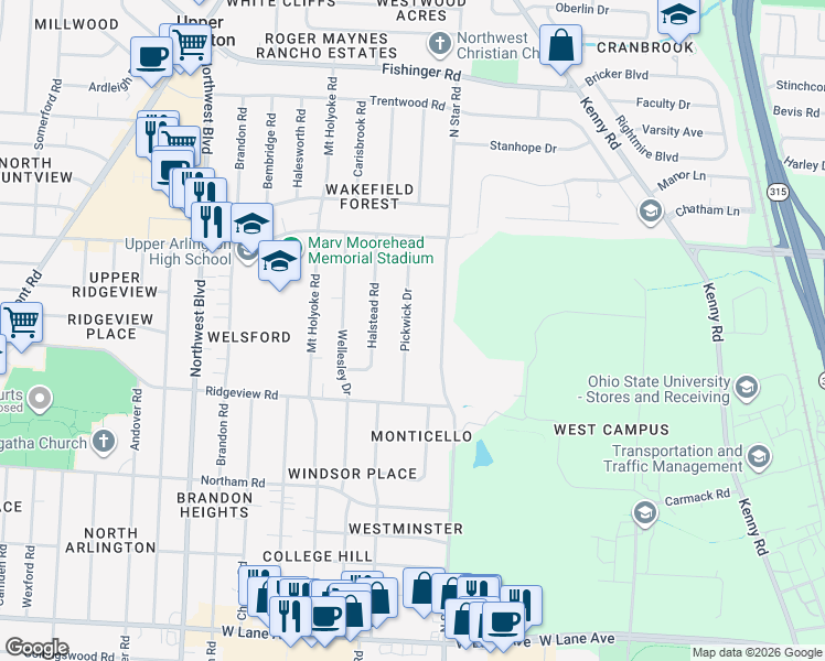 map of restaurants, bars, coffee shops, grocery stores, and more near 2826 Pickwick Drive in Columbus