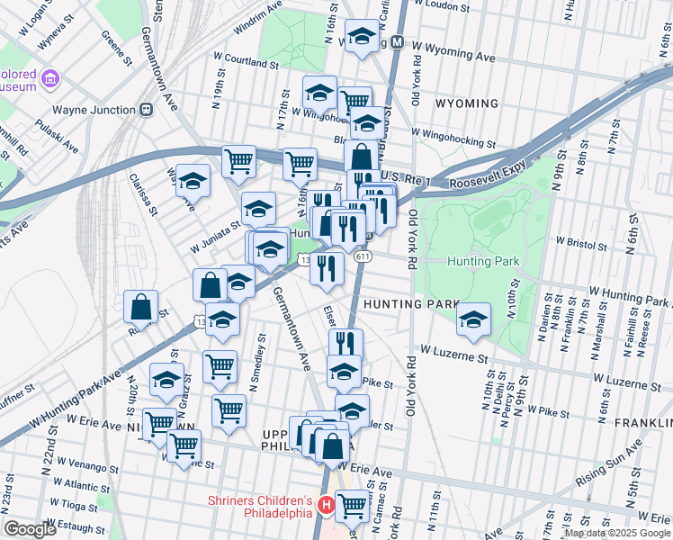 map of restaurants, bars, coffee shops, grocery stores, and more near 1432 West Jerome Street in Philadelphia