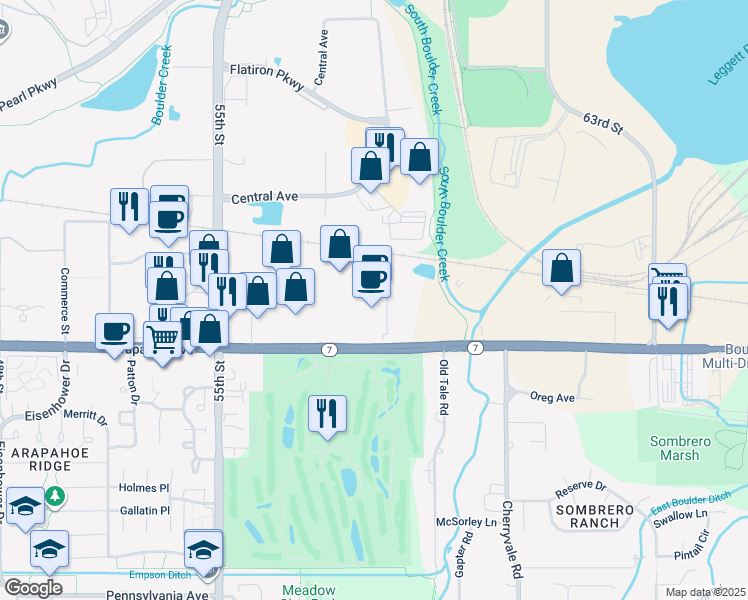 map of restaurants, bars, coffee shops, grocery stores, and more near 5755 Arapahoe Avenue in Boulder