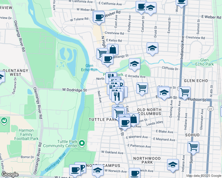 map of restaurants, bars, coffee shops, grocery stores, and more near 15 East Duncan Street in Columbus