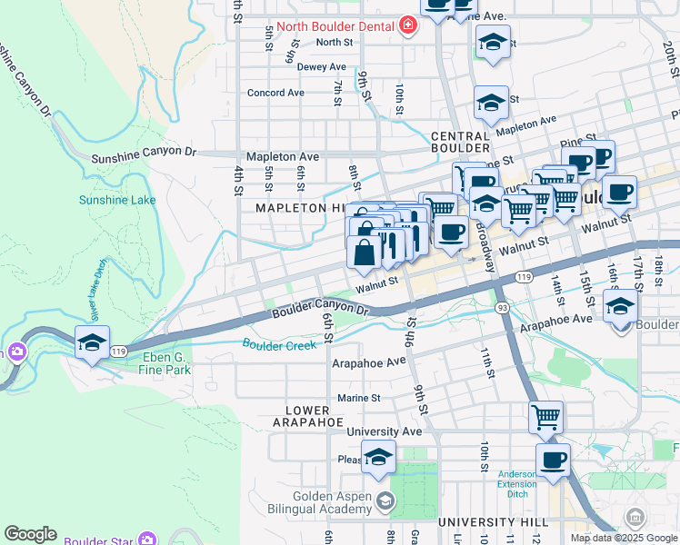 map of restaurants, bars, coffee shops, grocery stores, and more near 646 Pearl Street in Boulder