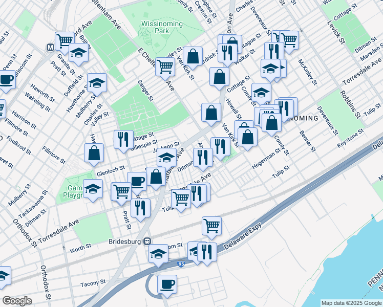 map of restaurants, bars, coffee shops, grocery stores, and more near 2025 Sanger Street in Philadelphia