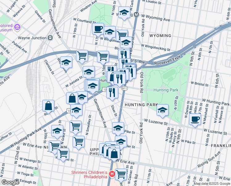 map of restaurants, bars, coffee shops, grocery stores, and more near 1432 West Jerome Street in Philadelphia