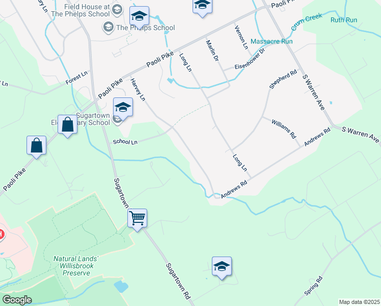 map of restaurants, bars, coffee shops, grocery stores, and more near 24 Harvey Lane in Malvern