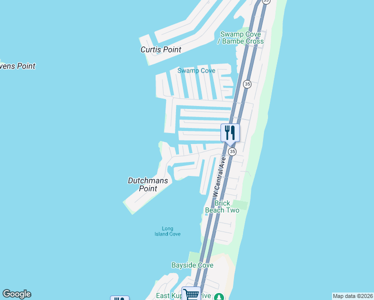 map of restaurants, bars, coffee shops, grocery stores, and more near 321 Brigantine Lane in Mantoloking